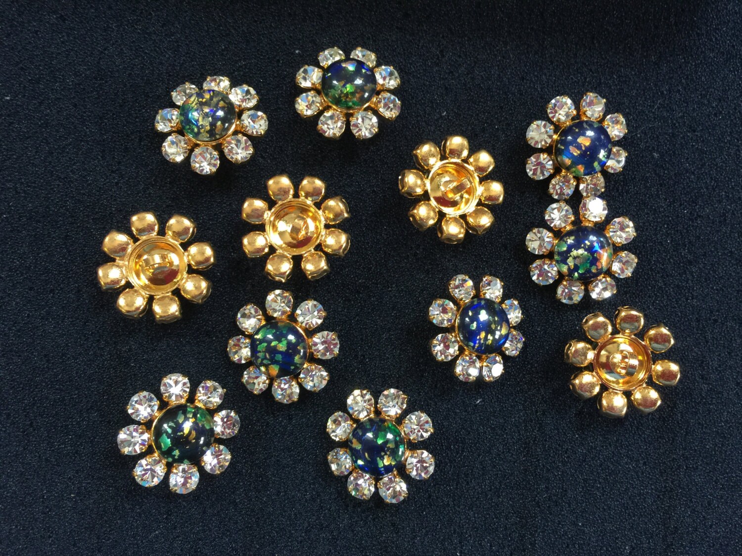 12 Crystal Black Opal Gold Buttons. Made in Czech Republic. RB687, Size ...