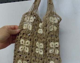 Vintage Handmade Crochet Handbag Purse Bag Khaki & Ivory