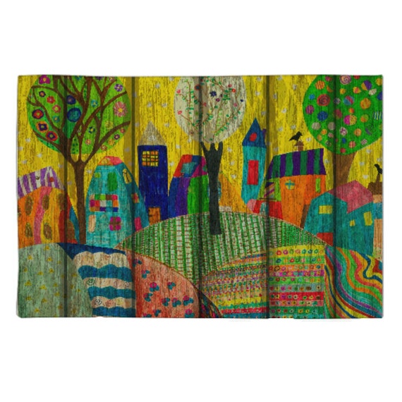 Area Rug Throw Rugs Whimsical Folk Art Design Weathered Primitive City Scape Colorful