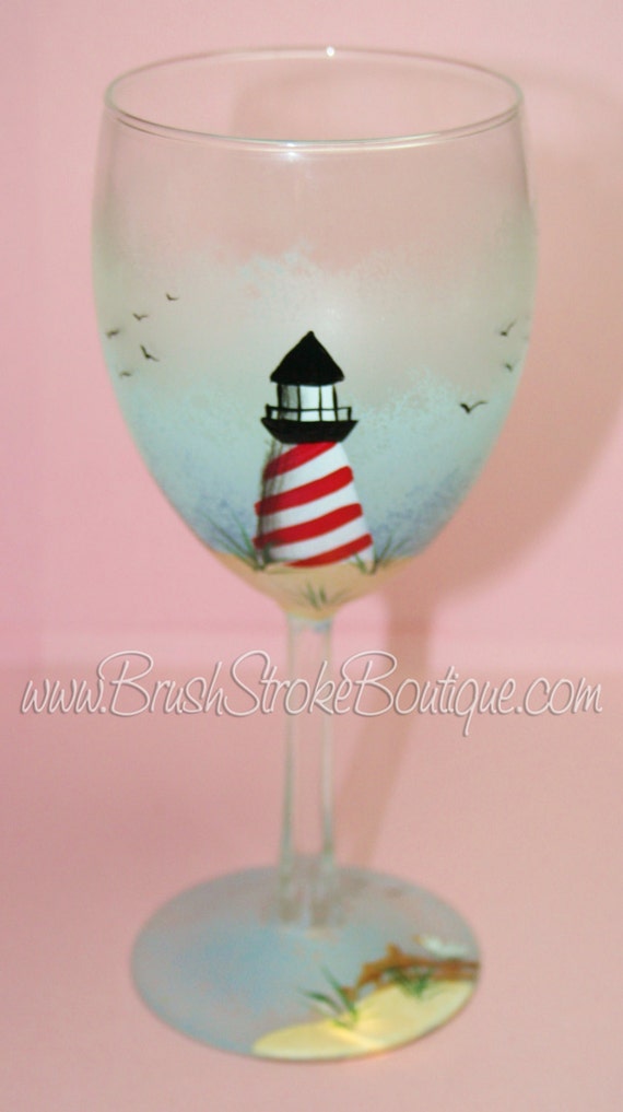 Hand Painted Wine Glass Lighthouse by BrushStrokeBoutique