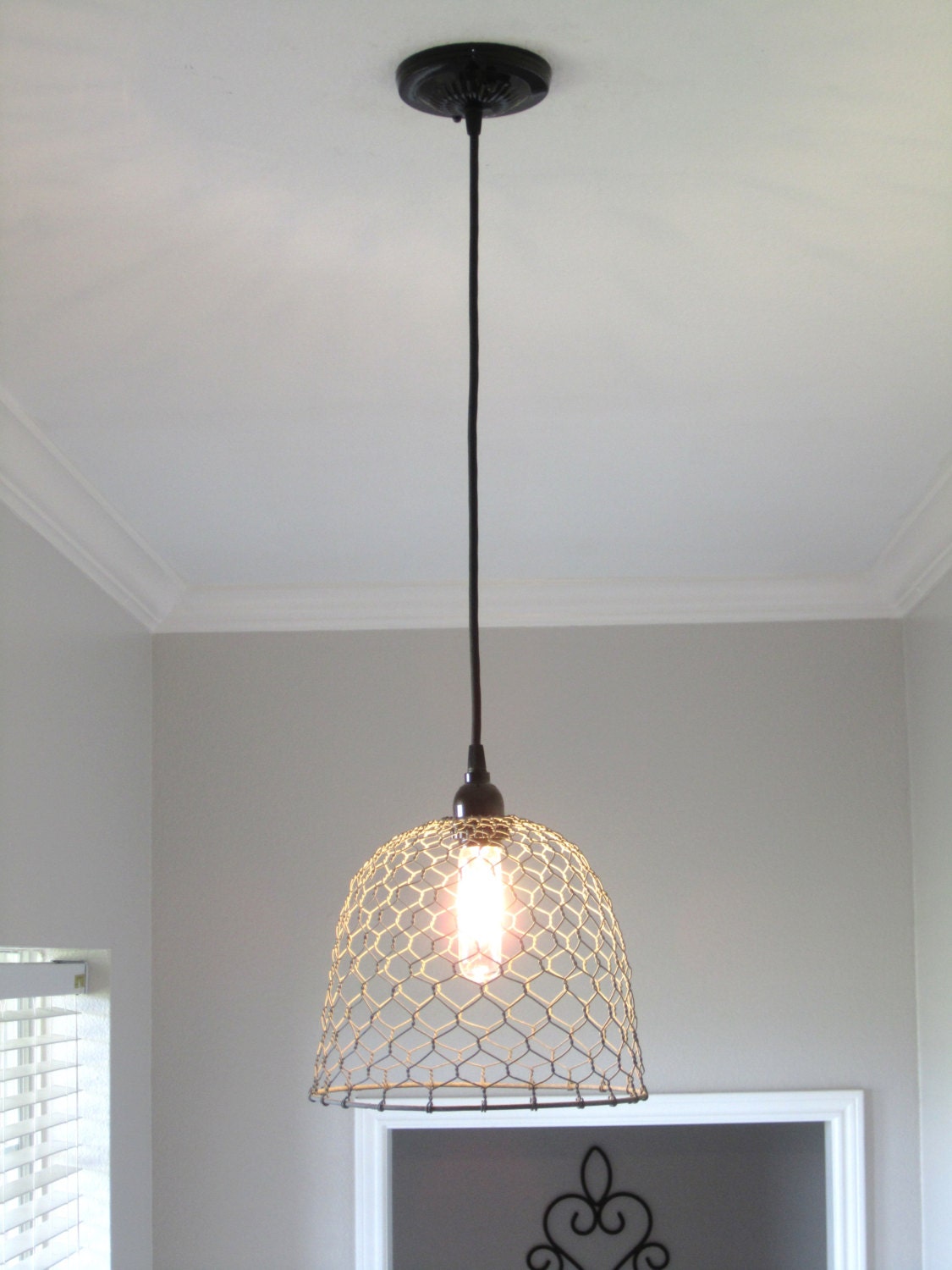 Rustic Pendant Lighting- chicken wire farmhouse pendant