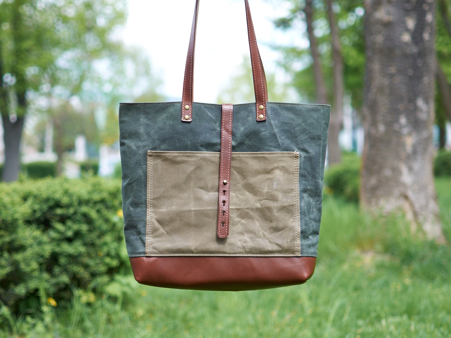 Green & brown waxed canvas tote bag. Canvas and leather bag.
