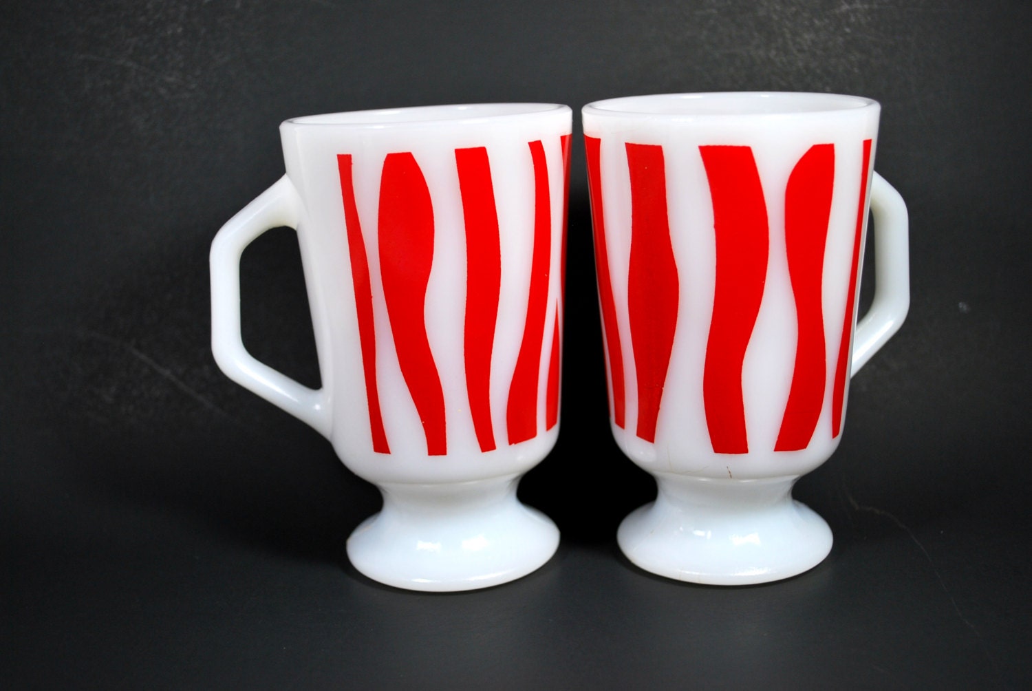 Fire King Mugs Red and White Footed Coffee Cups Set of Two