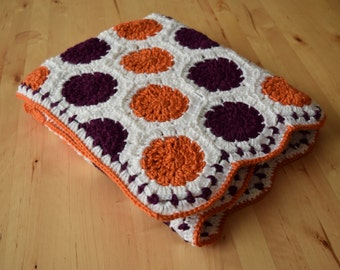 Purple and orange polka dot blanket, made to order clemson baby blanket, baby shower gift, machine washable crochet blanket, clemson tigers