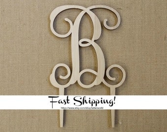 Wooden Initial Cake Topper - Unfinished Vine Script Initial Cake Topper - Wedding Cake Decor - Initial Cake Topper - Personalized Topper