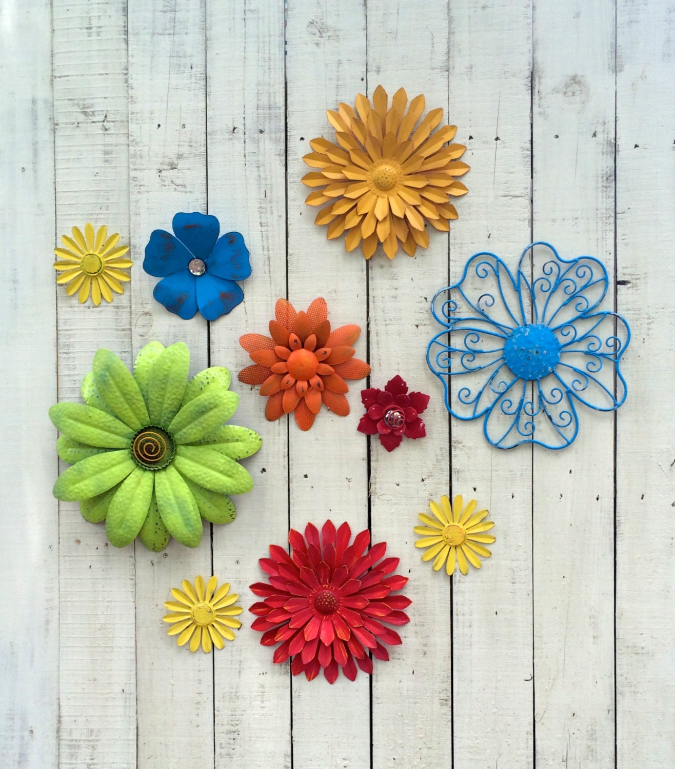 10 Pc Metal Fence Flowers / Metal Yard Art / Brightly Colored