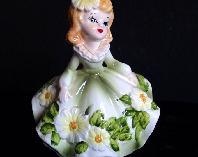 Storewide 25% Off SALE Vintage Porcelain Collectable Relpo 6081 Stamped Woman Figurine Planter Featuring Victorian White Daisy Floral Dress