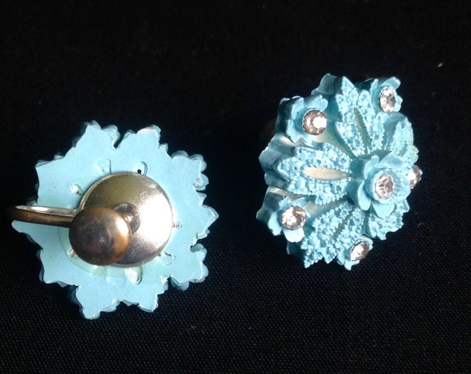 Storewide 25% Off SALE Vintage Designer Powder Blue Floral Rosette Earrings With Rhinestone Accents Featuring Textured Raised Relief