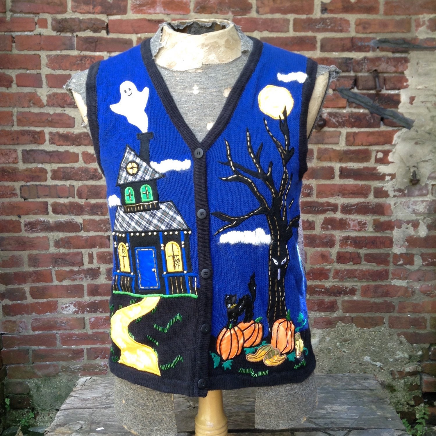 Vintage Halloween sweater vest Haunted house with spooky cat