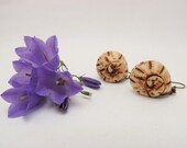 Wooden miniature snail shell earrings - handcarved and wood-burning decorated