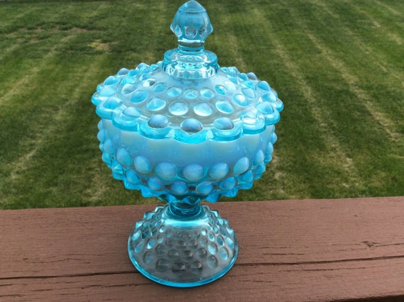 Beautiful Opalescent Blue Hobnail Scalloped Edge Candy Dish