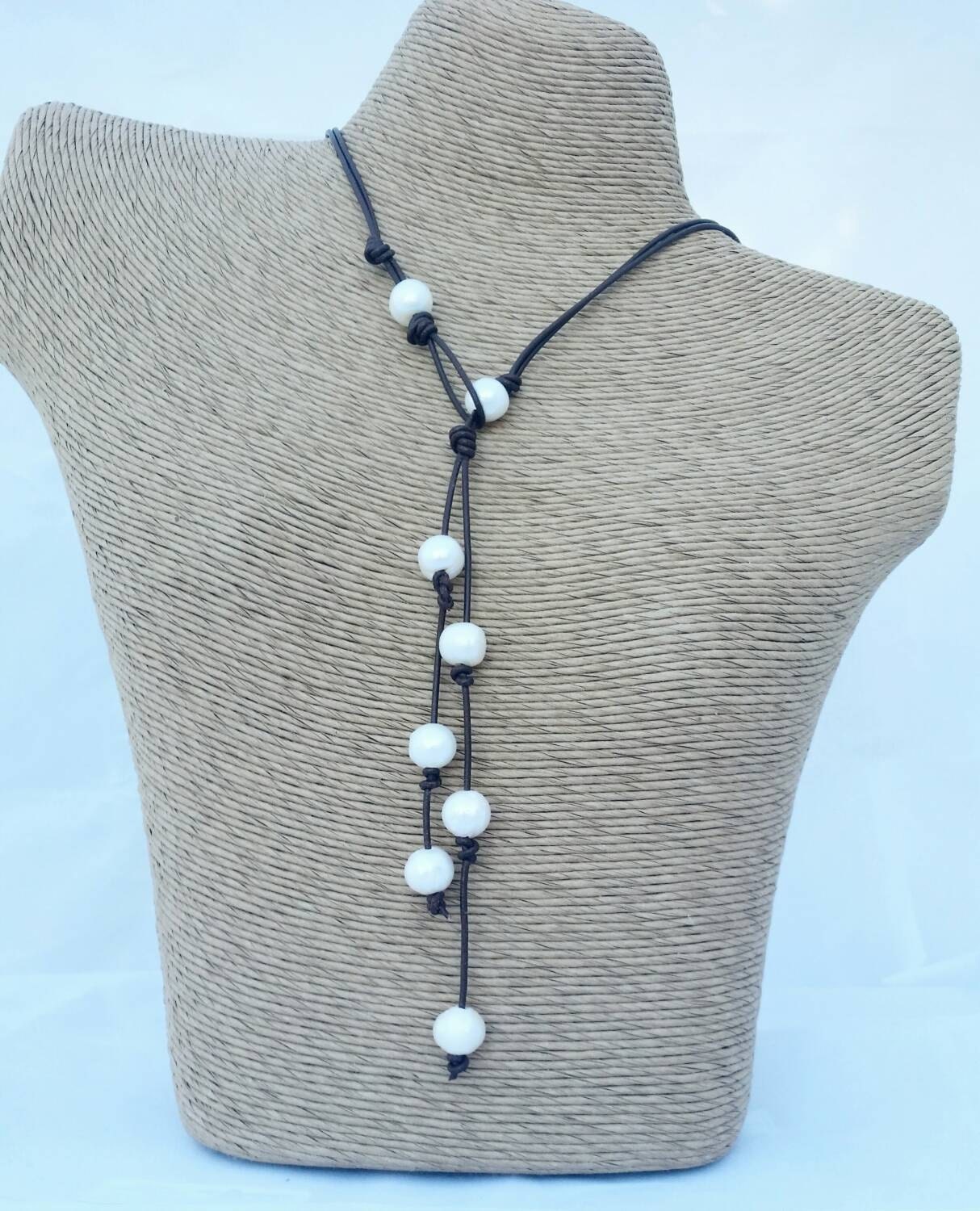 Pearl Leather Lariat necklace Black Leather by TheRusticBohoChic