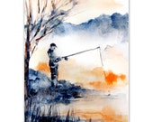 Fisherman Watercolor Painting Art Print, Blue Orange Landscape Morning Fishing, Watercolour Art Fisherman Watercolor Painting Art Print, Blue Orange Landscape Morning Fishing, Watercolour Art