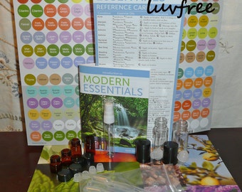 220 Piece Essential Oil Accessory kit w/ Glass Roll On Amber Vials Spritzer Pipette doTERRA labels + Modern essentials guide Reference Card