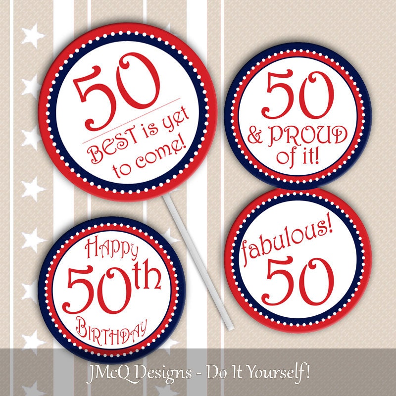 Printable 50th Birthday Cupcake Toppers Fiftieth BD Party