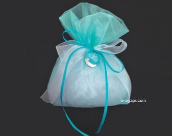 Cap charm Turquoise baptism favors for boy Greek baptism bomboniere ideas Handmade favors summer theme Party guests gift organza pouch 10 pc