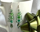 Christmas Earrings, Handmade Wire Christmas Tree Earrings, Holiday Jewelry, Green Spiral Tree Earring w Ombre Crystals, Free Shipping