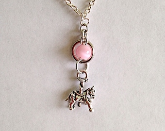 Carousel Horse Charm Neckace With Pink Bead