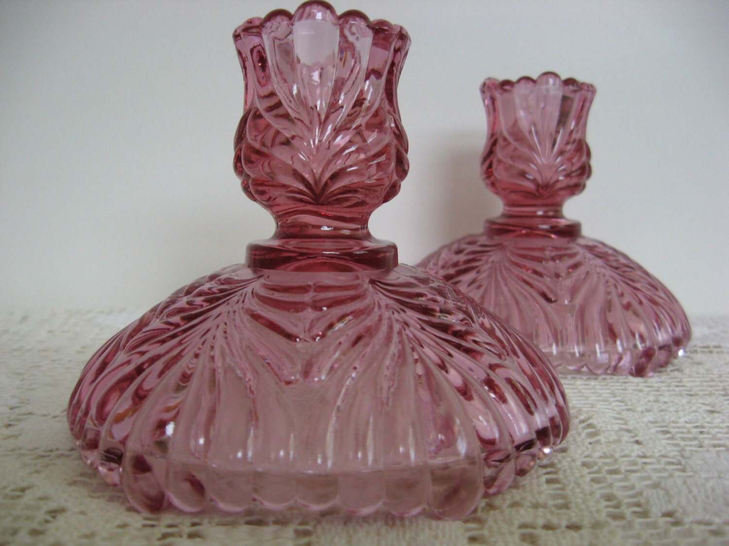 Vintage Pair of Fenton Pink Glass Candleholders Scroll