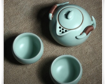 Chinese Porcelain Tea Set with Ru Ware Celadon Technique, China Travel Tea Set Good Gift for Couple