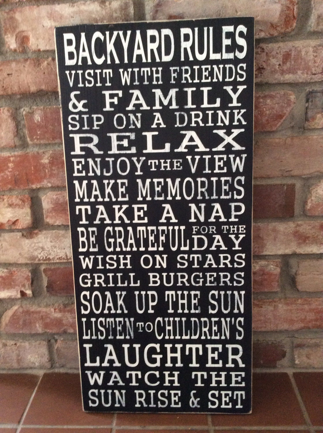 Backyard rules hand painted wood sign. Typography. Also