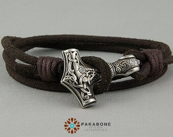 Viking Bracelet Wristband Mens Womens Leather Bracelet with a Thor's Hammer Mjollnir Mjolnir Mjölnir Pewter art. 000-595
