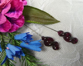 Vintage Plum Purple Glass Hat Pins Swirl Jewels Stick Pins for Hats Crafts Corsage Set of Two