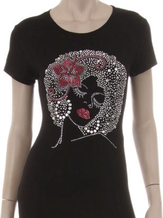 Pink Flower Bow and Lips Rhinestud Afro Girl Shirt