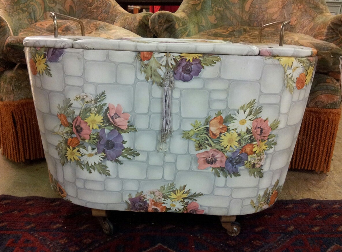1950s floral vinyl ottoman laundry bin bedroom seat chair Haute Juice