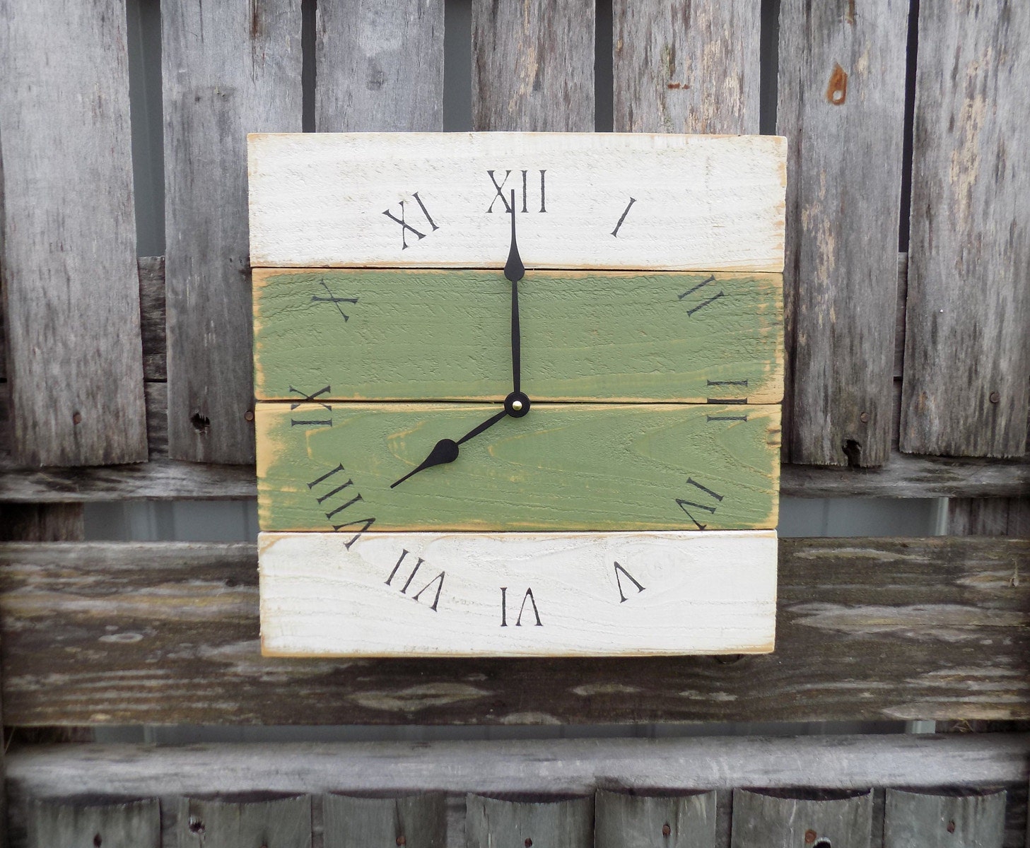 Primitive Wall Clock White and Green Clock Rustic Wood