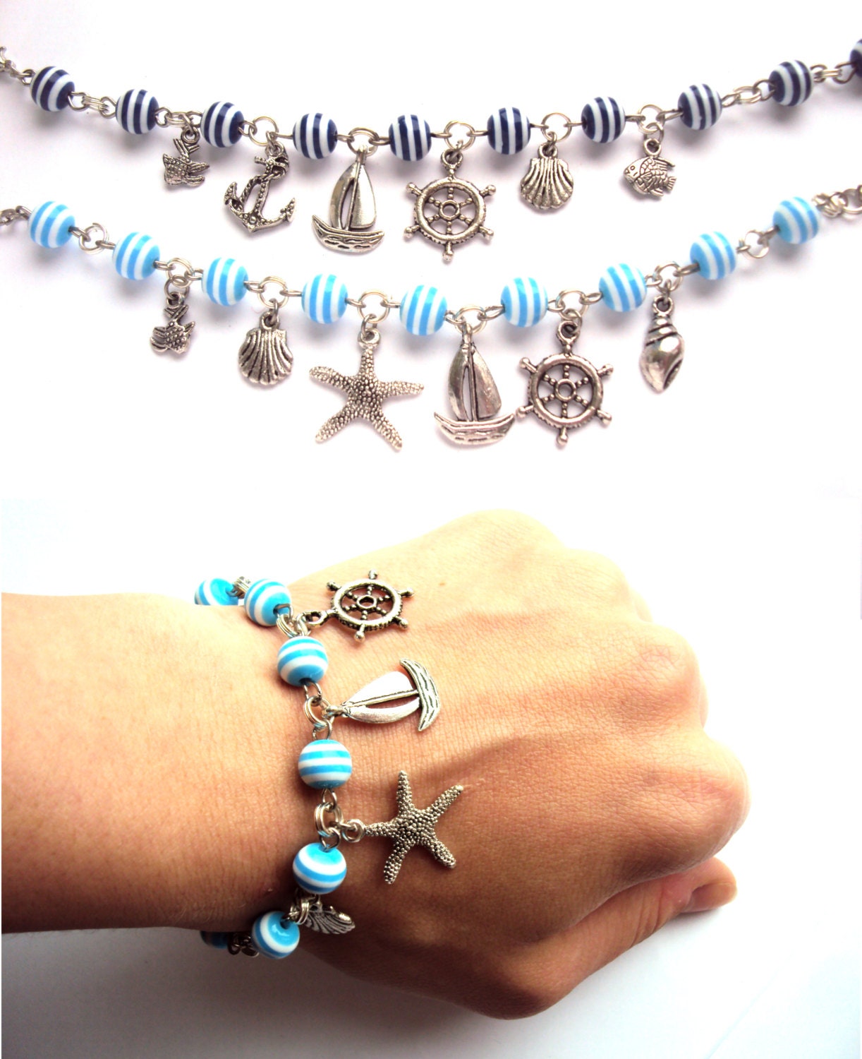 Sea Charm Bracelet with Blue Striped Beads Beach Ocean