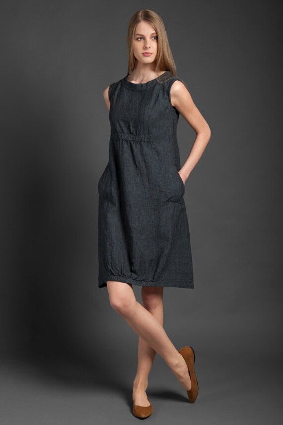 Charcoal linen dress sleeveless knee length loose by LinenTextiles