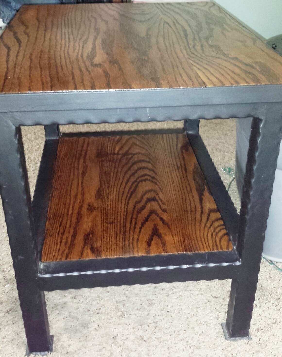 Handcrafted Hammered Wrought Iron End Side Table with Shelf