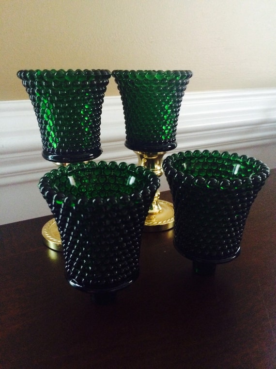 Green Glass Votive Candle Holder Cups Set Hobnail Glass