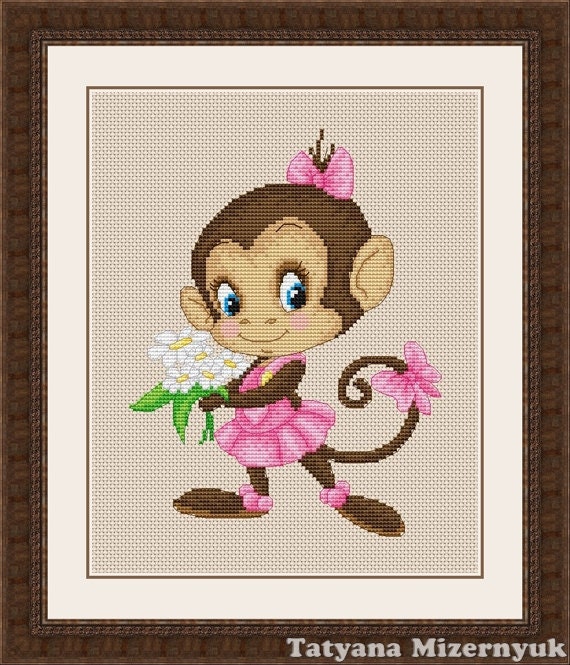 Cross stitch pattern Monkey with flowers