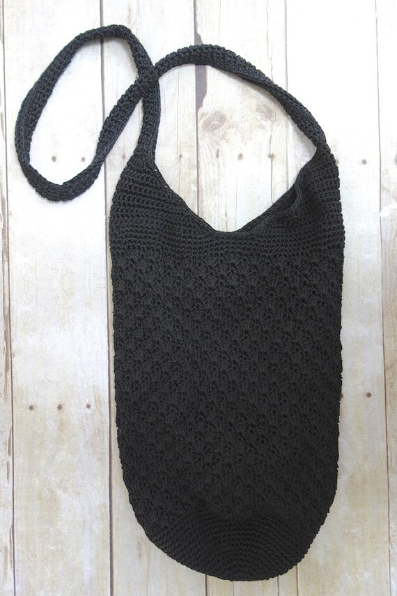 Soft Woven Crossbody Bag. Black Knit 1990s Boho Purse.