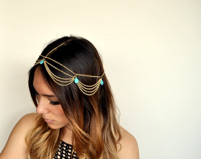 Boho Chic Chandelier Head Chain Hair Jewelry -Gold/Turquoise