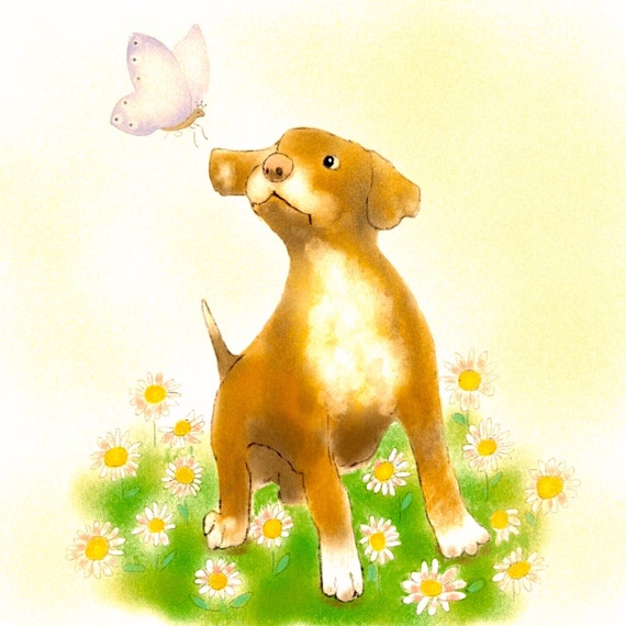 Art Print Puppy with Butterfly,Nursery Art,