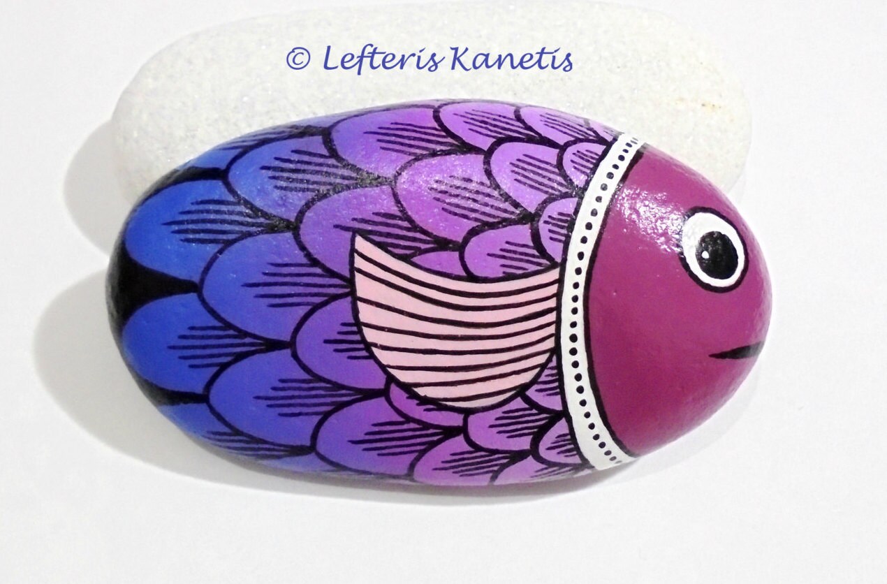 Painted stone purple fish Is Hand Painted with by RockArtAttack