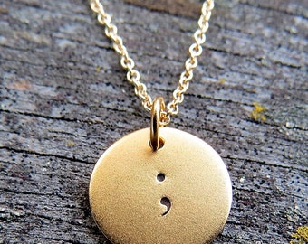 semicolon necklace, gold semicolon charm, gold semicolon charm necklace, suicide prevention, semicolon jewelry, minimalist necklace