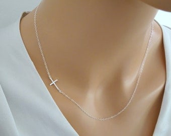 Sideways Sterling Silver Cross Necklace, Slim Cross Necklace, Baptism, Christening, First communion necklace