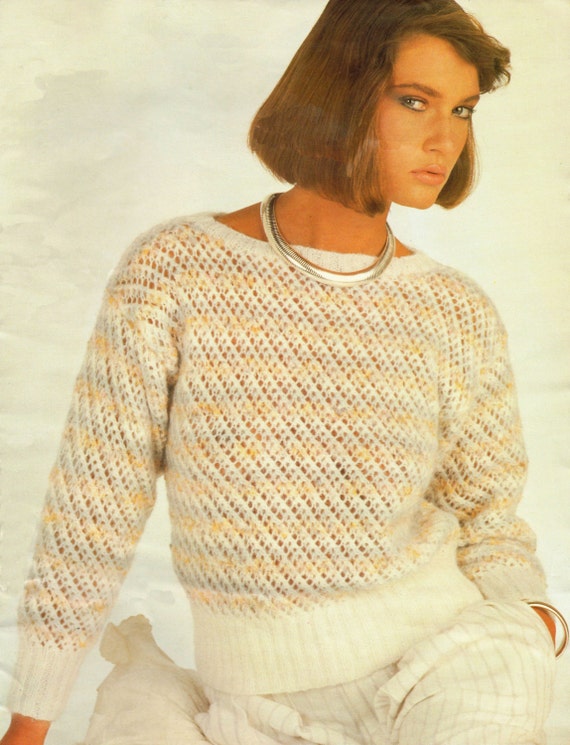 Ladys Knitting Pattern Lacy Striped Sweater 32 38