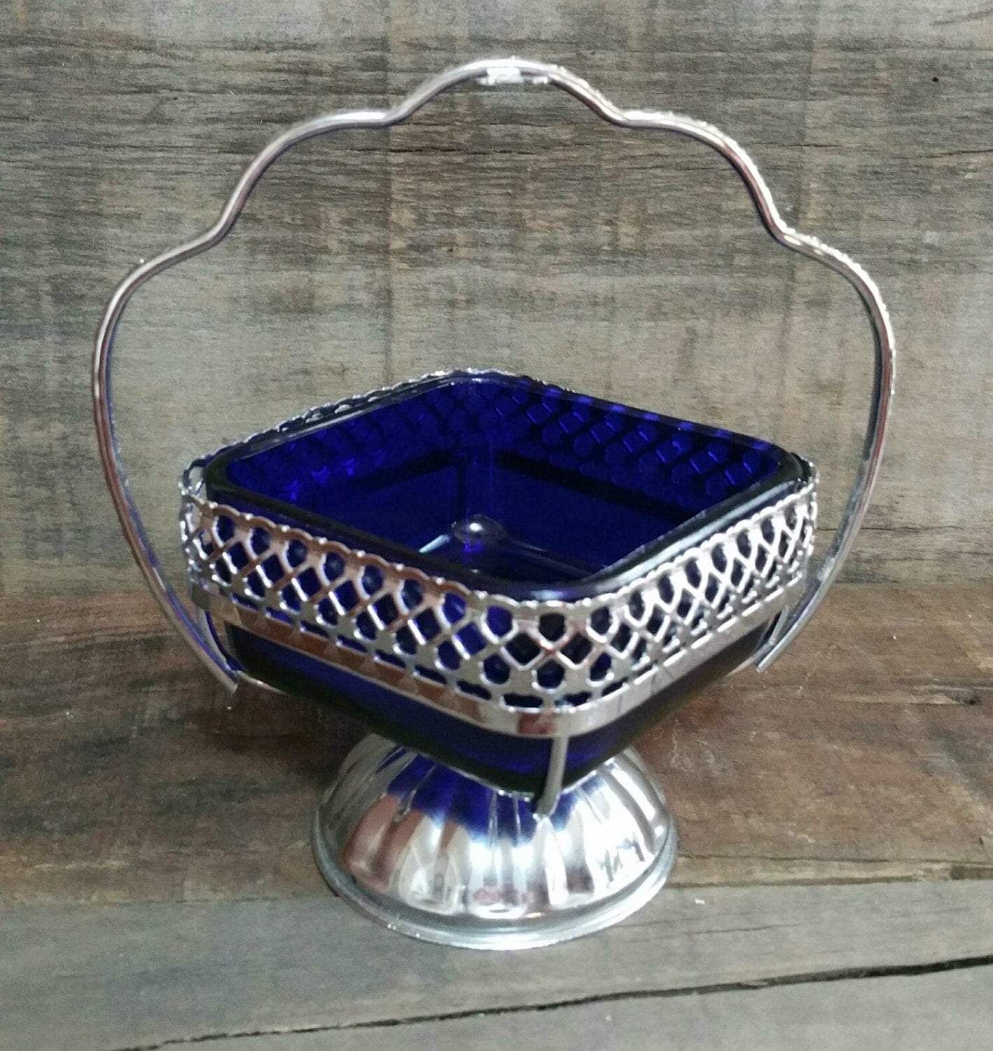 Vintage Cobalt Blue Glass And Silver Plate Condiment Dish Vintage Relish Dish Vintage Jam Dish