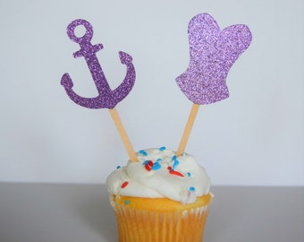 Bachelorette Cupcake Toppers, Anchor & Lingerie Cupcake Toppers, Bridal Shower Decor, Lingerie Shower Decor, Set of 12