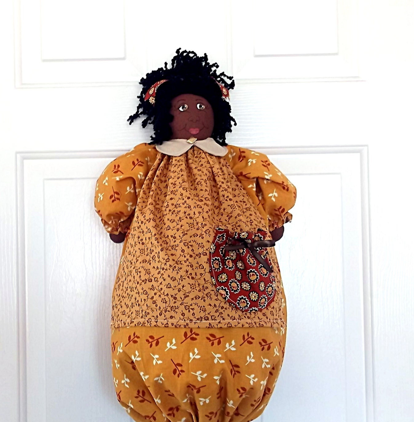 Handmade African American Plastic Bag Holder Doll Rust and