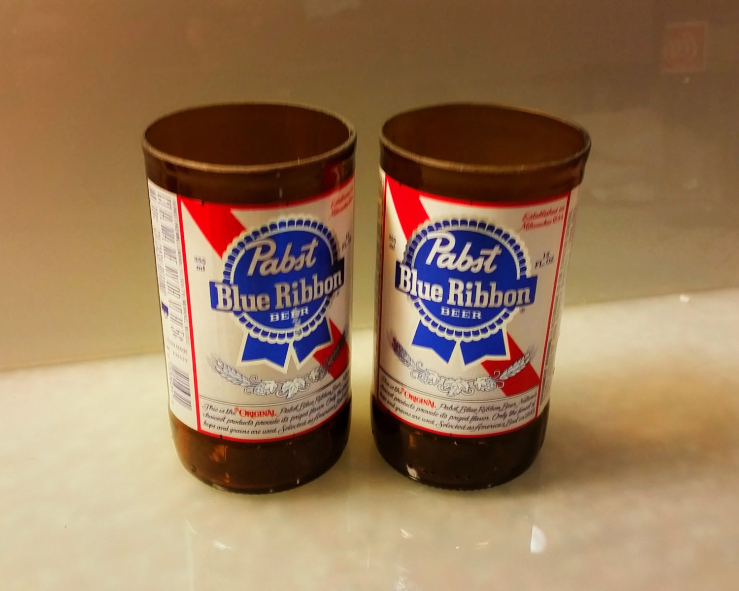 Pabst Blue Ribbon PBR Beer Bottle Drinking Glass Set of 2