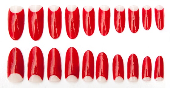 Vintage Style Red & Nude Half Moon Fake Nails, Classic Hollywood inspired nail art design, 20 Press on oval nails