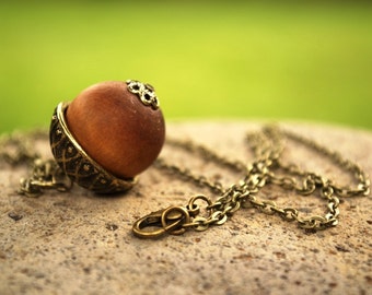 Acorn Necklace, Peter Pan Necklace, Wood Acorn Necklace, Fall Necklace, Peter's Kiss Necklace, Autumn Nut Pinecone Jewelry, Wooden Jewelry