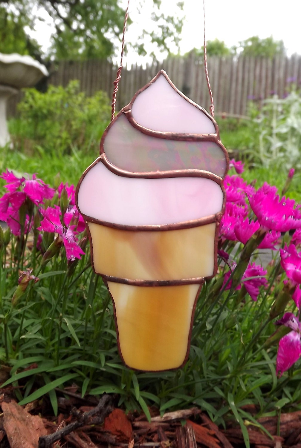 Stained Glass Strawberry Swirl Ice Cream Suncatcher Pink Sun