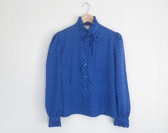 Ruffle Blouse - 70s Blouse - High Collar Blouse - Tie Neck Blouse - Vintage Blouse - Blue Blouse - Ruffle Collar with Poet Blouse - 1970s